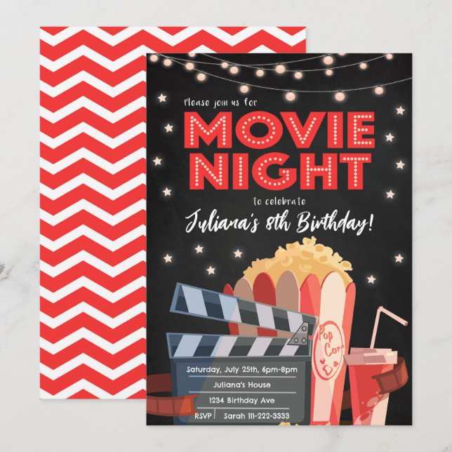 Red Black Movie Night Birthday Invitation (Front/Back)