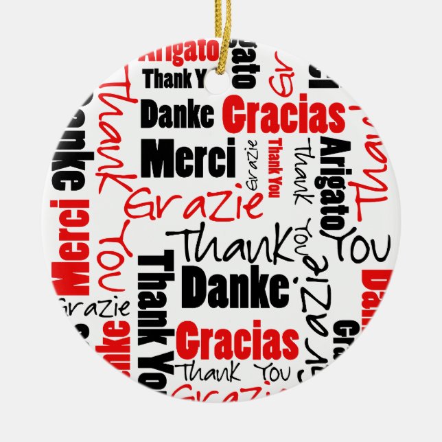 Red Black Multilingual Thank You Typography Ceramic Ornament (Front)