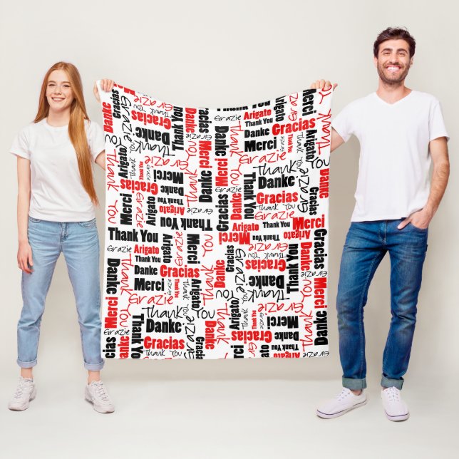 Red Black Multilingual Thank You Typography Fleece Blanket (In Situ)