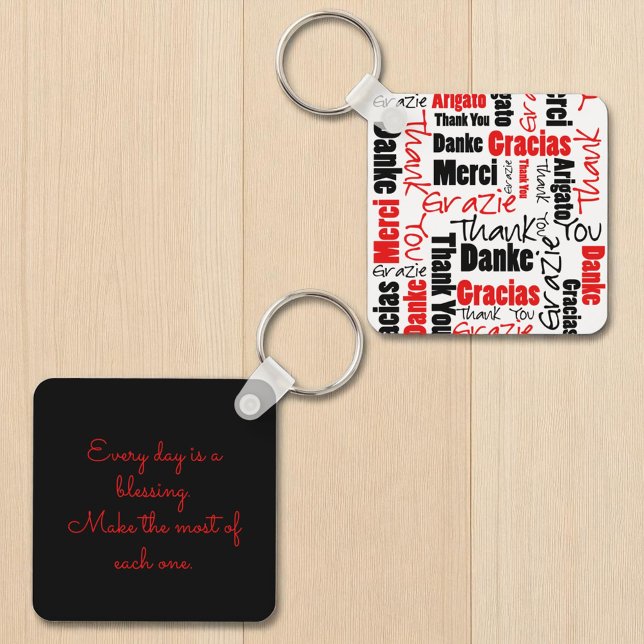 Red Black Multilingual "Thank You" Typography Keychain (front and back key ring template on back )
