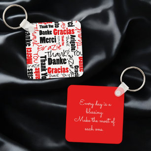 Red Black Multilingual "Thank You" Typography Keychain