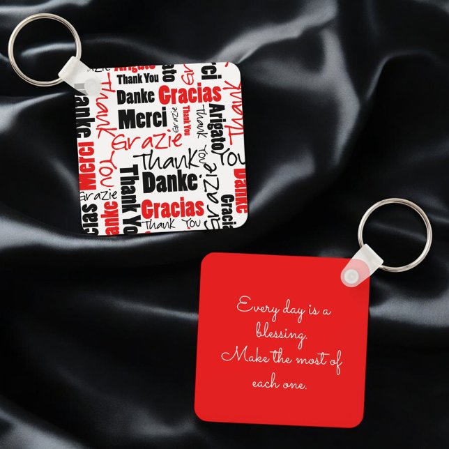 Red Black Multilingual "Thank You" Typography Keychain (key ring front and back with template text on back)