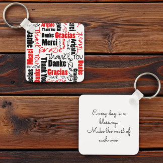 Red Black Multilingual "Thank You" Typography Keychain