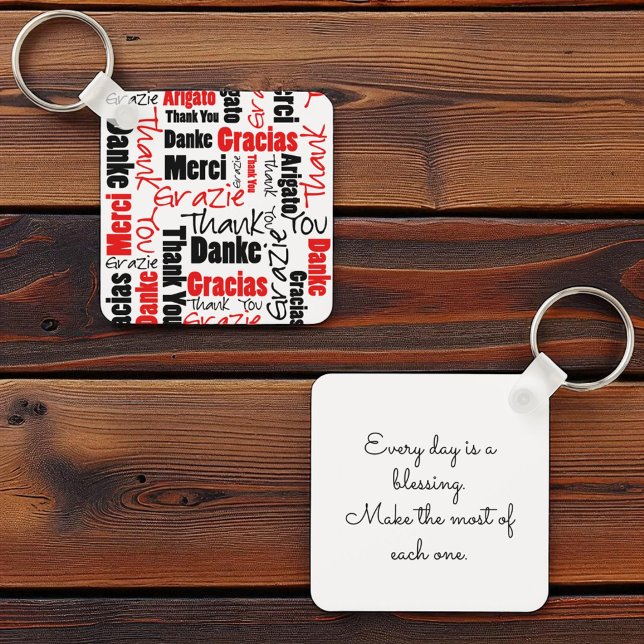 Red Black Multilingual "Thank You" Typography Keychain (front and back of square key ring with template text on back)