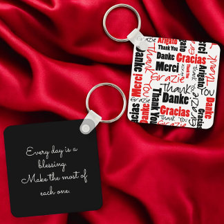 Red Black Multilingual "Thank You" Typography Keychain
