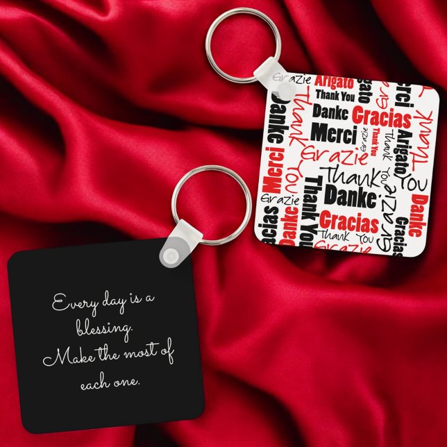 Red Black Multilingual "Thank You" Typography Keychain (key ring front and back with template text on back)