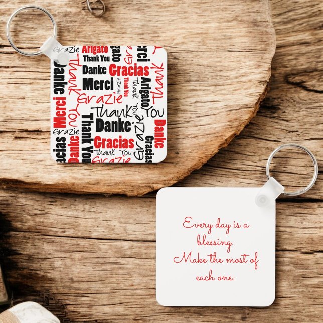 Red Black Multilingual "Thank You" Typography Keychain (front and back key ring with template text on back)