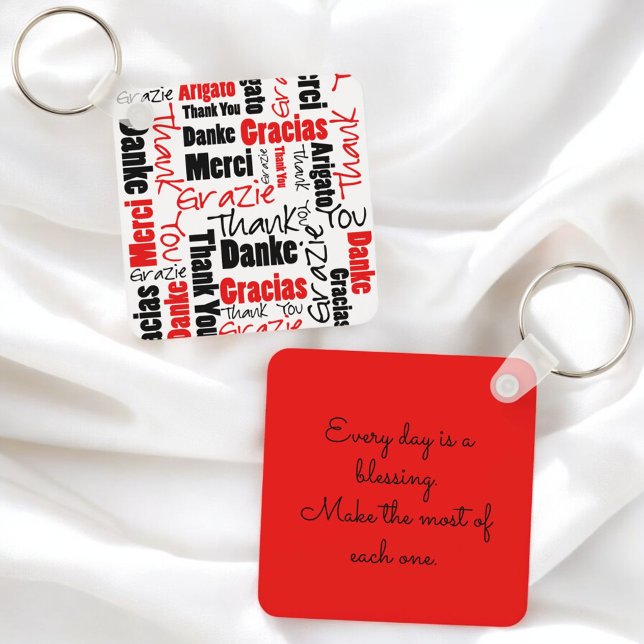 Red Black Multilingual "Thank You" Typography Keychain (key ring front and back with template text back)