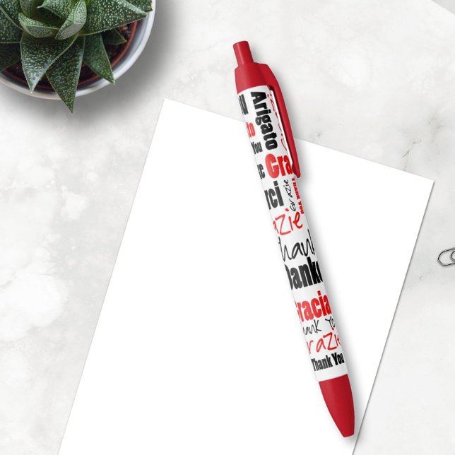 Red Black Multilingual Thank You Typography Pen ( The gratitude pen is a nice gift idea for volunteers, teacher or other people you want to thank. )