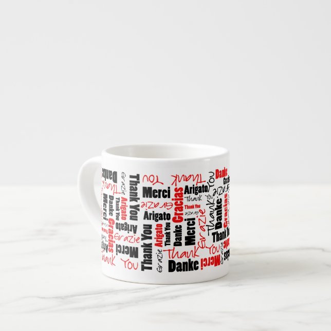 Red Black Multilingual Thank You Word Cloud Espresso Cup (Front Left)