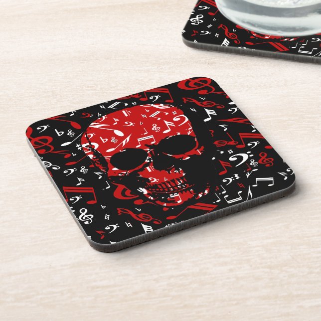Red Black Musical notes skull Beverage Coaster (Left Side)