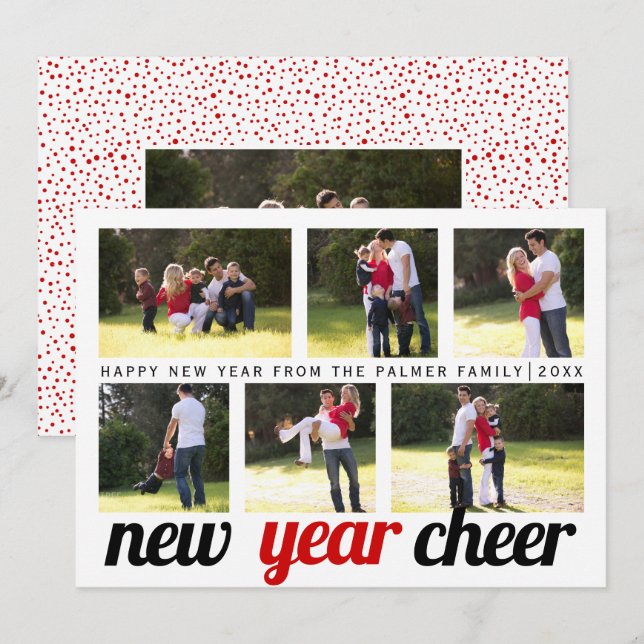 Red, black New Year Cheer six photo collage 2024 Holiday Card (Front/Back)