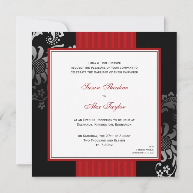 Red & Black Ornate Pattern Wedding Invitation (Front)