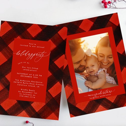 Red Black Paint Plaid Christmas Holiday Party Invitation