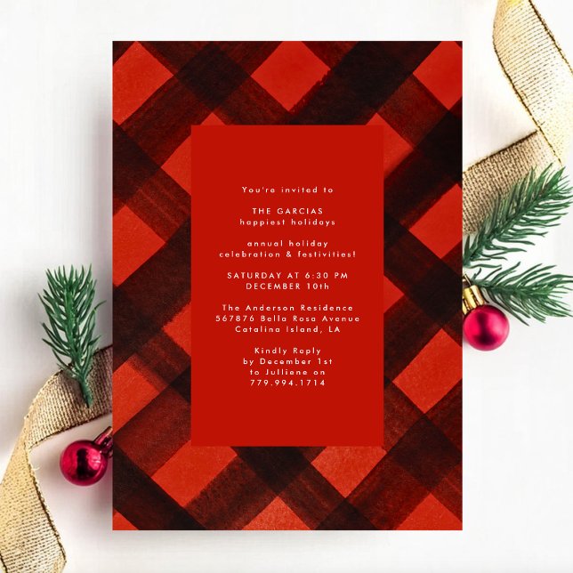 Red Black Painted Plaid Christmas Holiday party Invitation (Creator Uploaded)