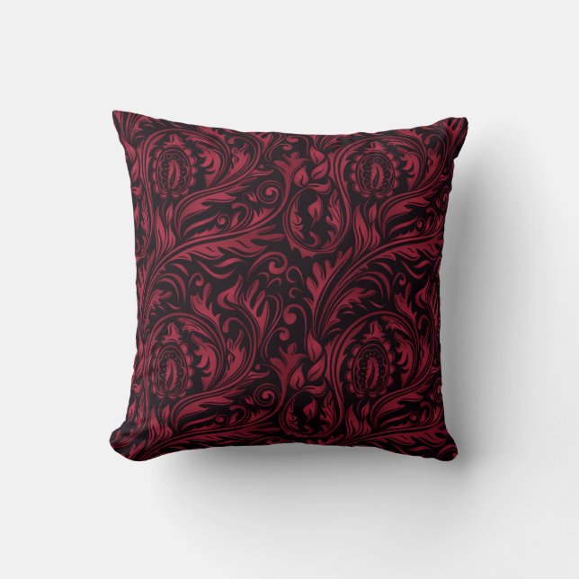 Red & Black Paisley Floral Swirls Throw Pillow (Front)
