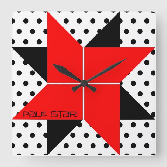 Red/Black Pale Star Quilt Block Square Wall Clock (Front)