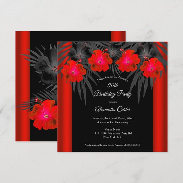 Red Black Palms Hibiscus Tropical Birthday Party Invitation (Front/Back)