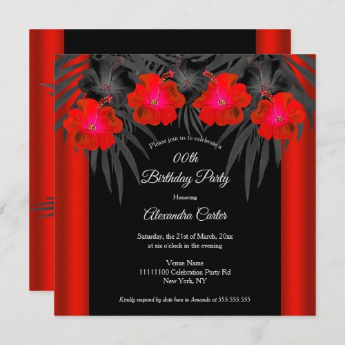 Red Black Palms Hibiscus Tropical Birthday Party Invitation