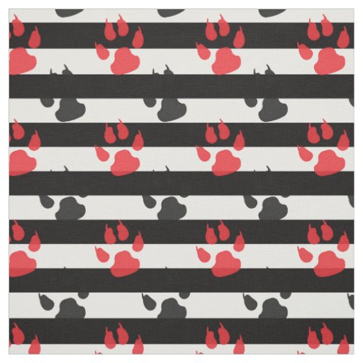 Red Black Paw claw On Black White Stripes Fabric