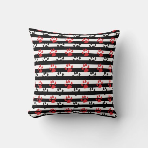 Red Black Paw Claw On Black White Stripes Throw Pillow