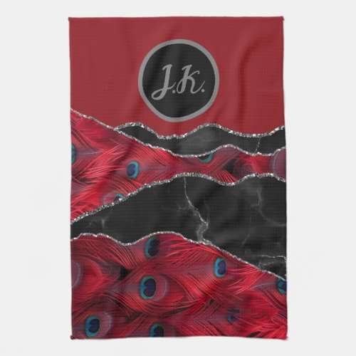 Red Black Peafowl Marble Agate Glam  Kitchen Towel