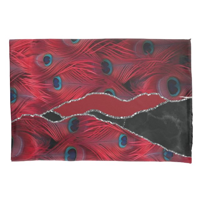 Red Black Peafowl Marble Agate Glam  Pillow Case (Front)