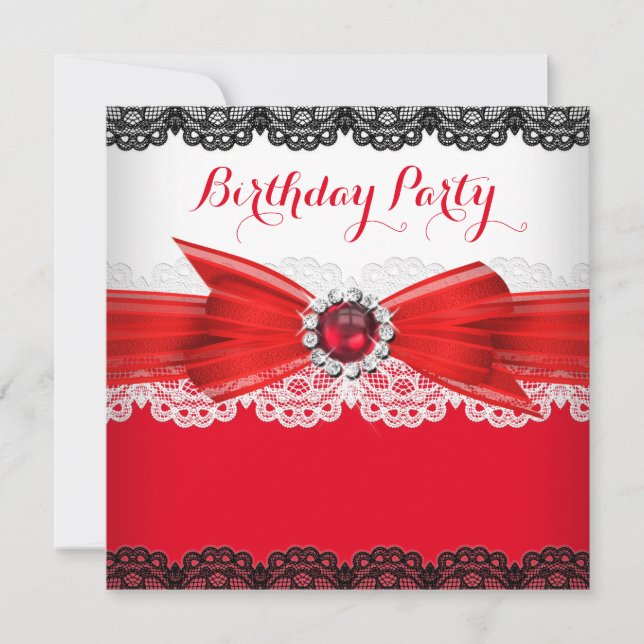 Red Black Pearl Diamond Lace Birthday Party 3 Invitation (Front)