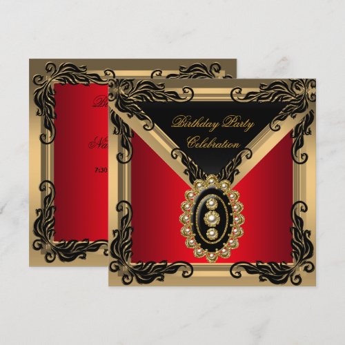 Red Black Pearl Gold Birthday Party Invitations