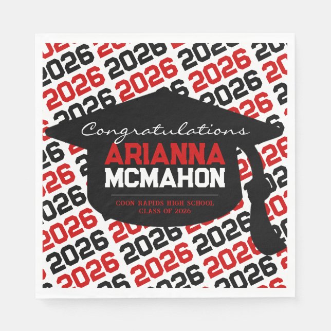 Red & Black Personalized Graduation Cap Paper Napk Napkins (Front)