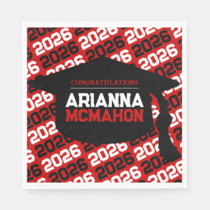 Red & Black Personalized Graduation Cap Paper Napkins