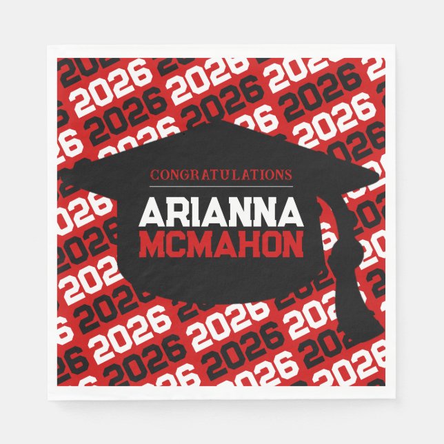 Red & Black Personalized Graduation Cap Paper Napkins (Front)