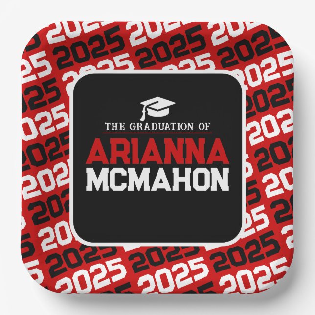 Red & Black Personalized Graduation Paper Plates (Front)