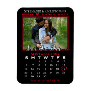 Red & Black Photo Calendar Save Our Date Wedding Magnet