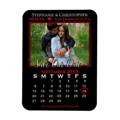 Red  Black Photo Calendar Save Our Date Wedding Magnet