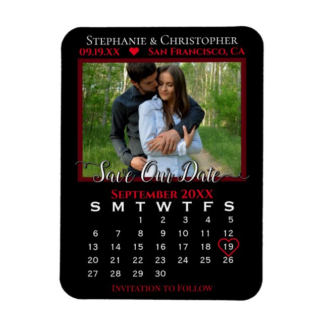 Red & Black Photo Calendar Save Our Date Wedding Magnet (Vertical)