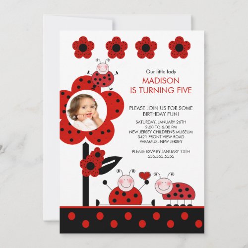 RED &amp; Black PHOTO Ladybug Birthday Invitation