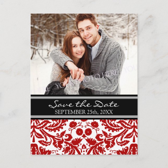 Red Black Photo Save the Date Wedding Postcards (Front)