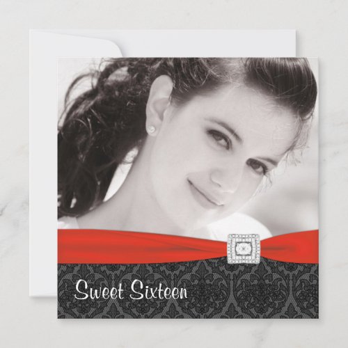 Red Black Photo Sweet Sixteen Birthday Party Announcement
