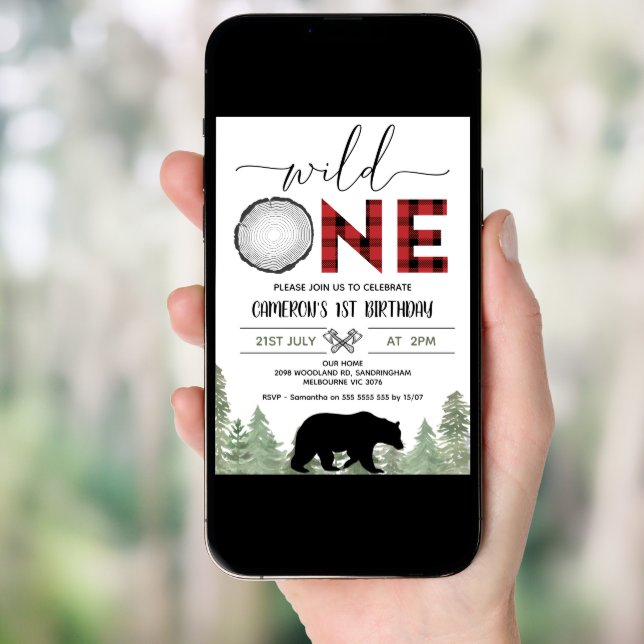 Red Black Photo Wild One Lumberjack 1st Birthday  Invitation (Front Digital)