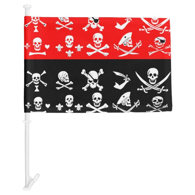 RED BLACK PIRATE BANNERS SKULL,CROSSED BONES CAR FLAG (Front)