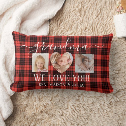 Red Black Plaid 3 Photo Collage Gift Personalized Lumbar Pillow