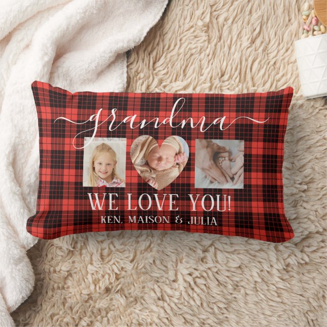 Red Black Plaid 3 Photo Collage Gift Personalized Lumbar Pillow (Blanket)