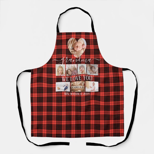 Red Black Plaid 8 Photo Collage Gift Personalized Apron (Front)