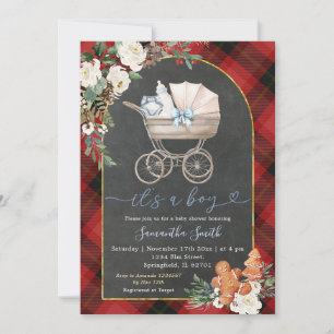 Red Black Plaid Baby Carriage Shower Christmas Invitation