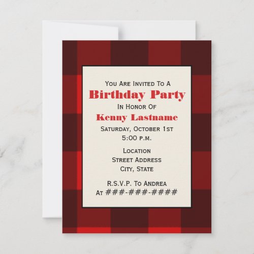 Red &amp; Black Plaid Birthday Party Invitation