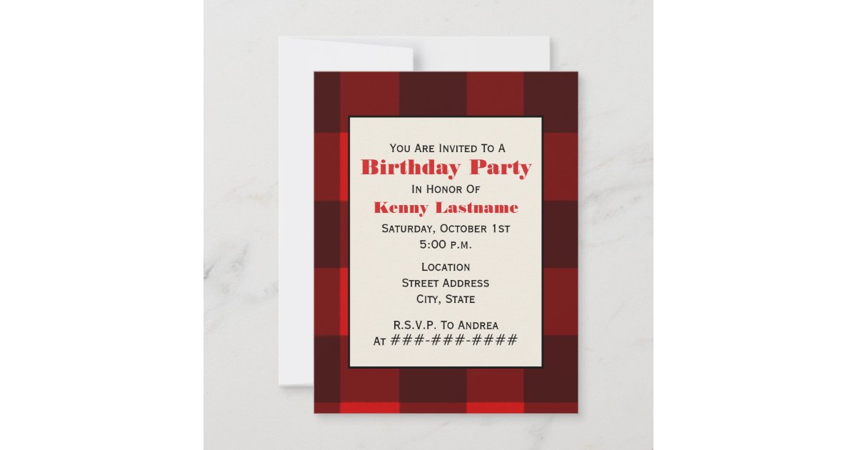 Red &amp; Black Plaid Birthday Party Invitation | Zazzle