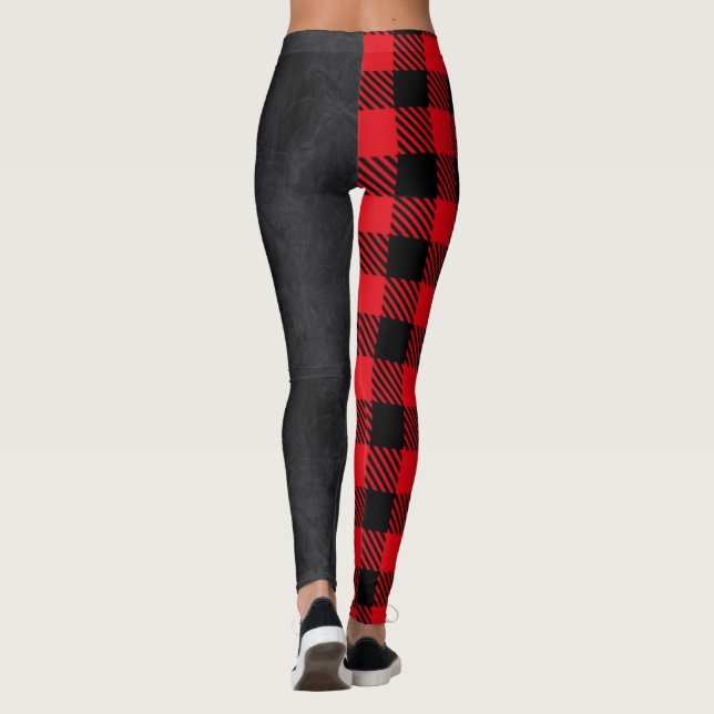 Red & Black Plaid Black Denim Look Leggings (Back)