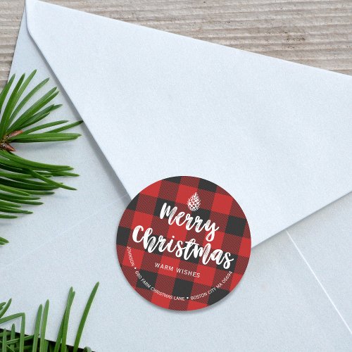 Red Black Plaid Brush Script Return Address Classic Round Sticker