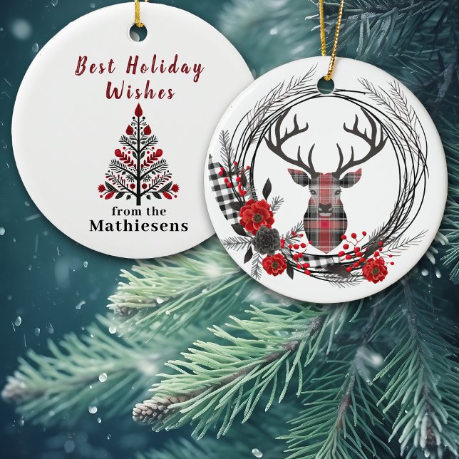 Red Black Plaid Buck Deer Wreath Ceramic Ornament (Creator Uploaded)